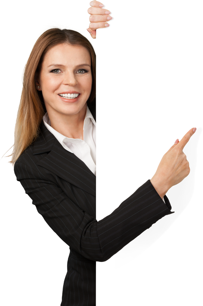 Woman in a Suit Pointing to the Side 